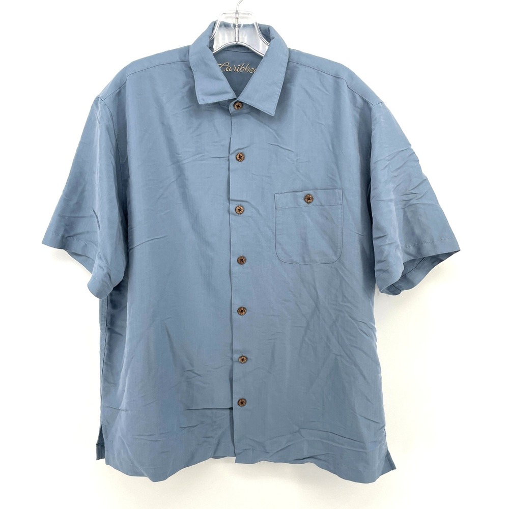 Caribbean Parrot Cocktail Embroidered Camp Shirt Mens Large Blue Short Sleeve - Picture 2 of 9